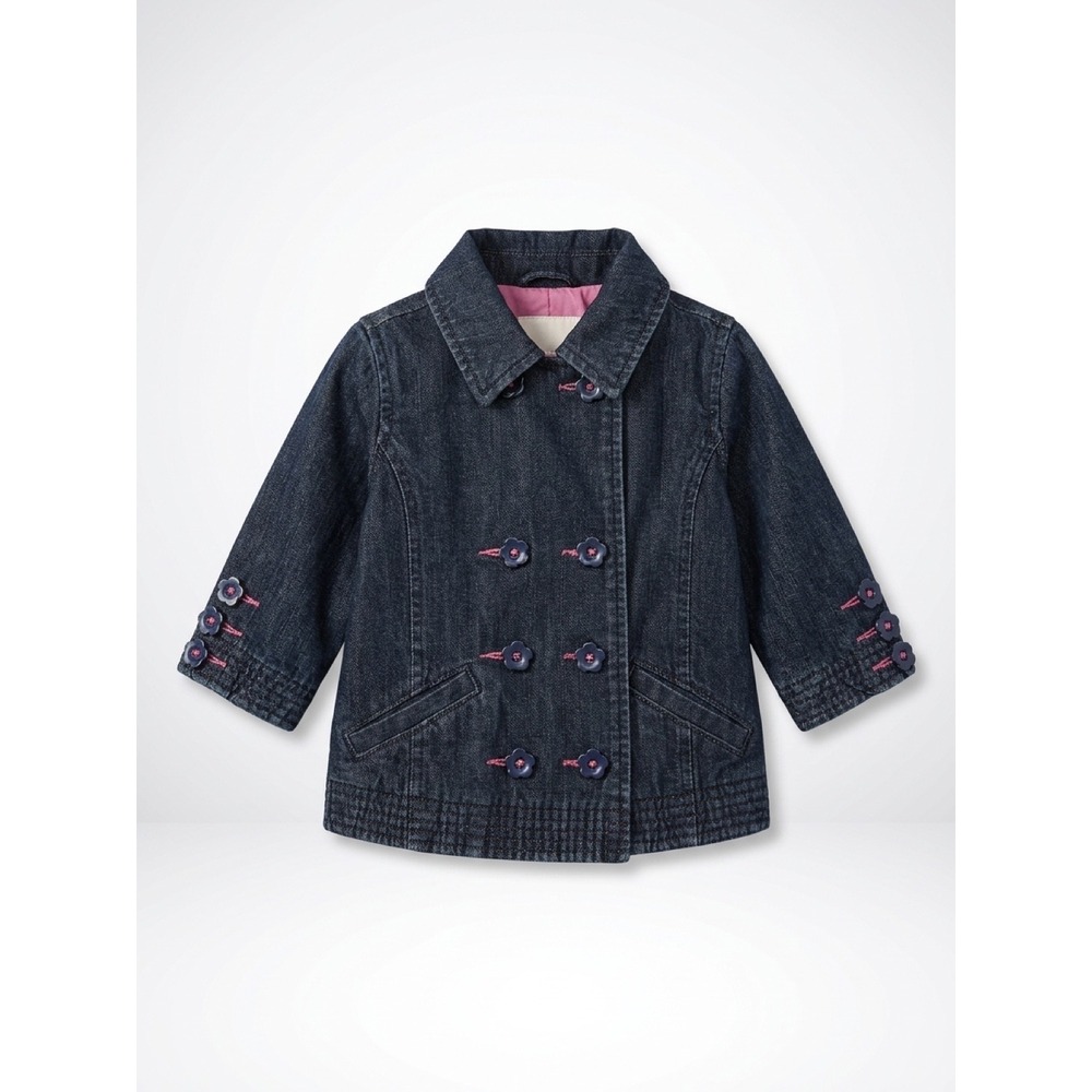 90's BabyGap Denim Pea Coat Dark Wash Pink Quilted Lining Vintage Retro 6-12M